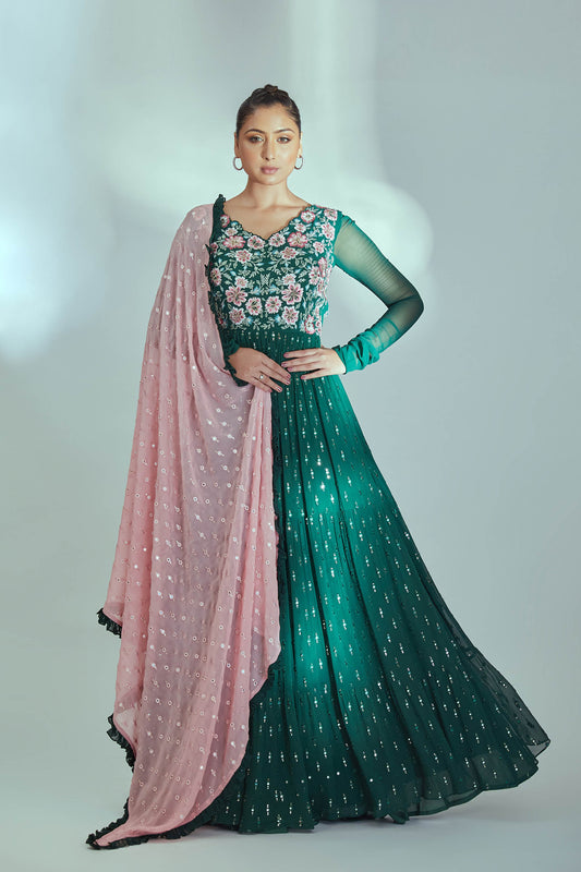 Green Embroidered Anarkali Set