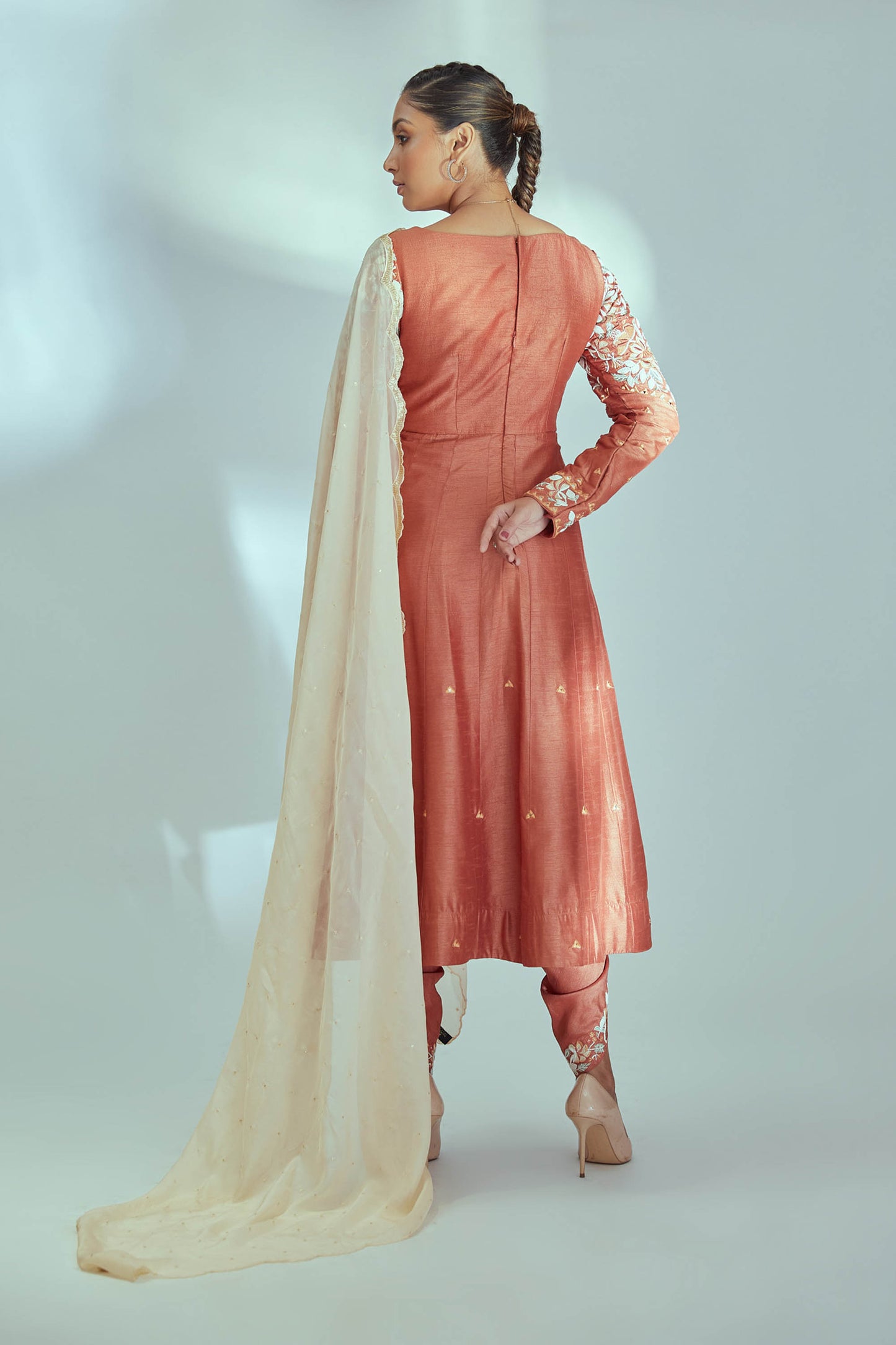 Orange Tussar Silk Anarkali Set