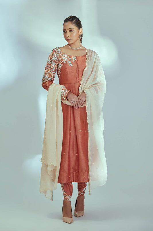 Orange Tussar Silk Anarkali Set