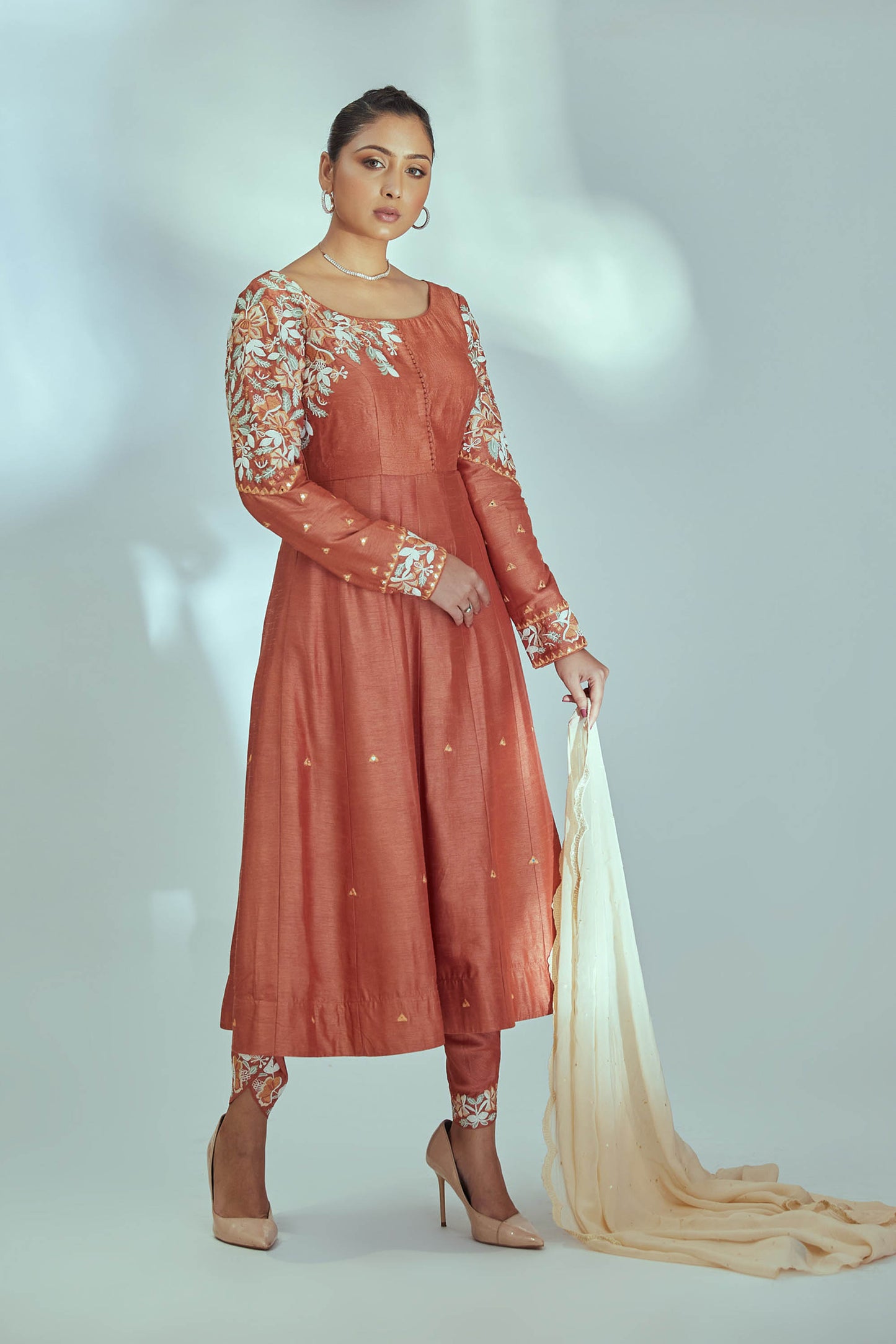 Orange Tussar Silk Anarkali Set