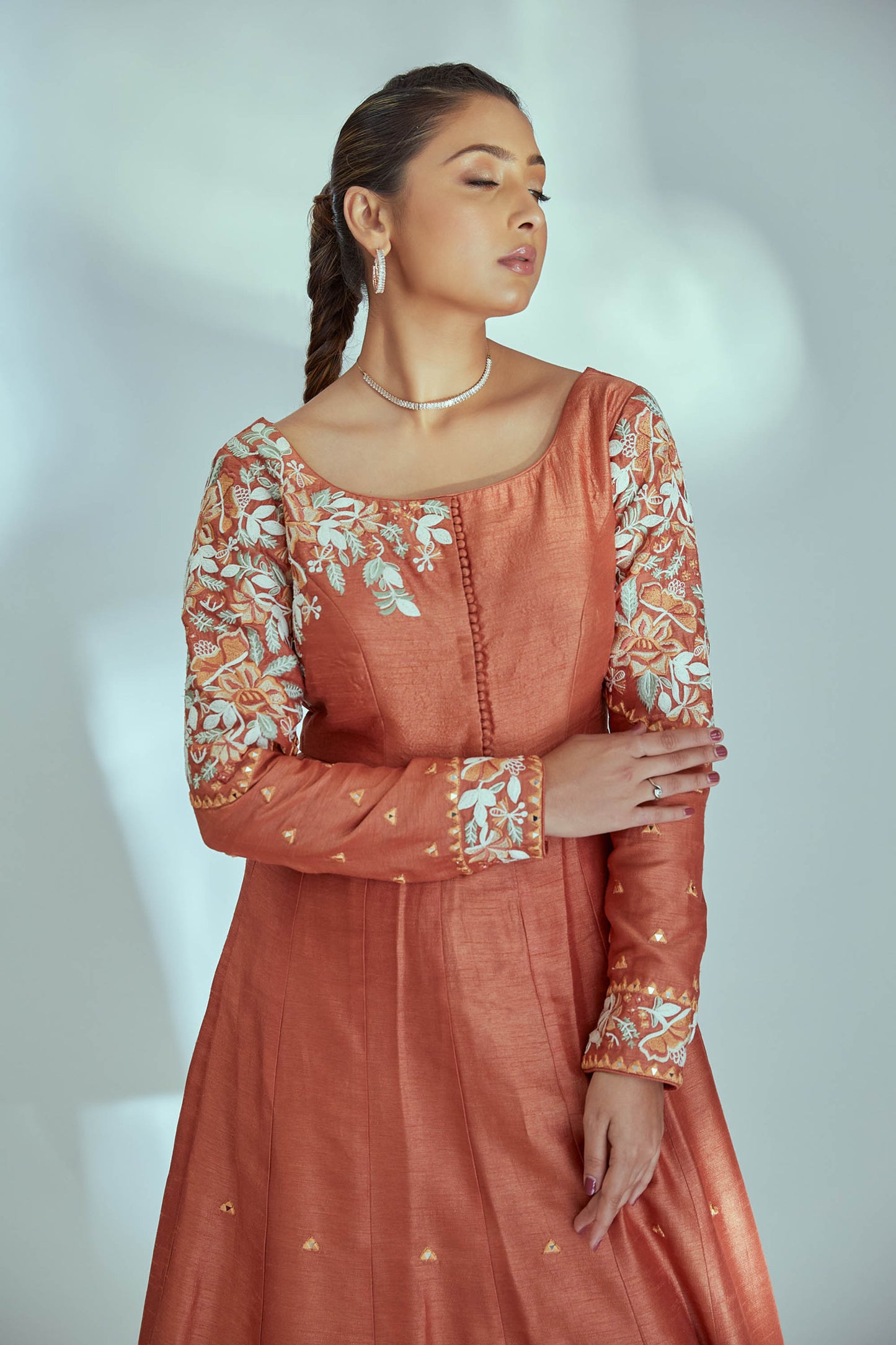 Orange Tussar Silk Anarkali Set