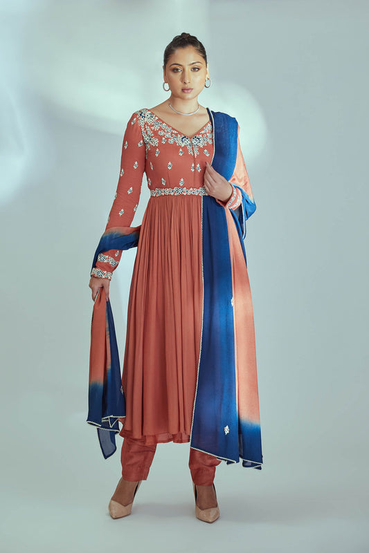 Orange Embroidered Anarkali Set