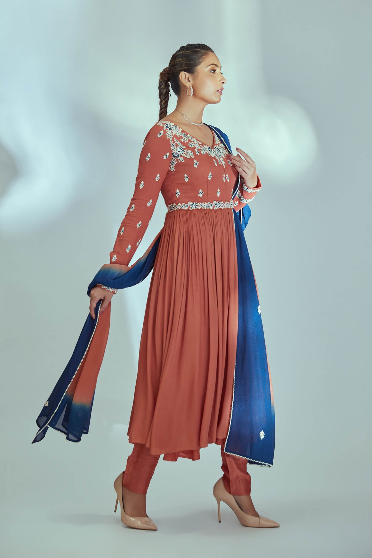 Orange Embroidered Anarkali Set