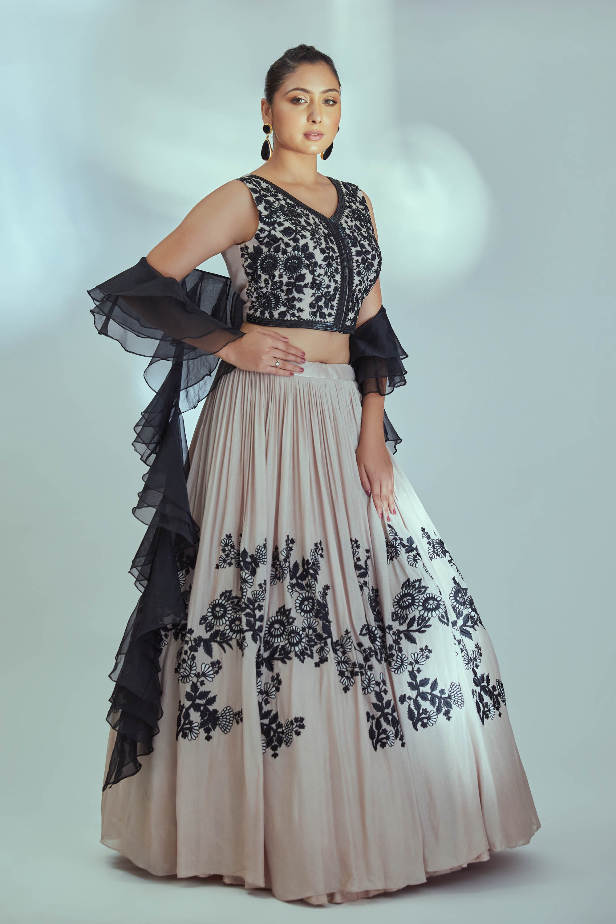 Beige thread embroidered lehenga set