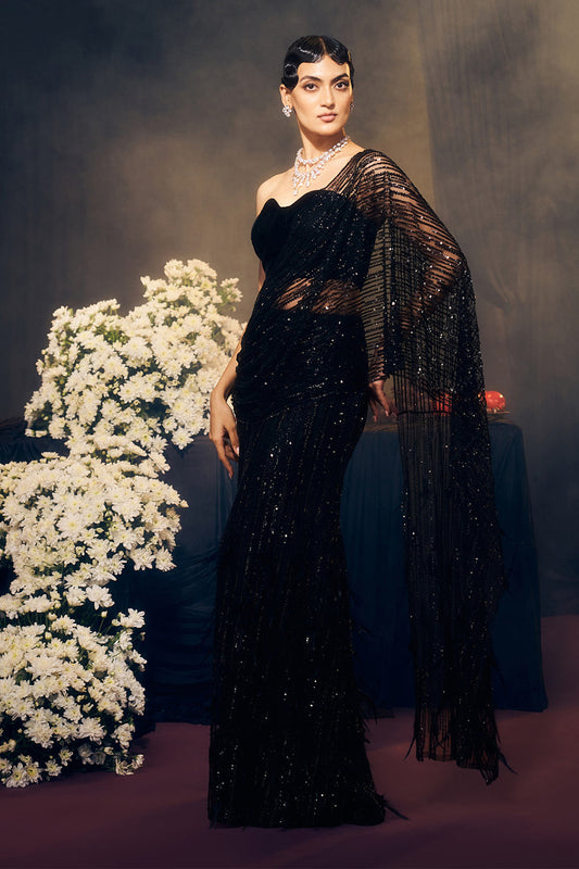 Black Pre Drape Saree Set