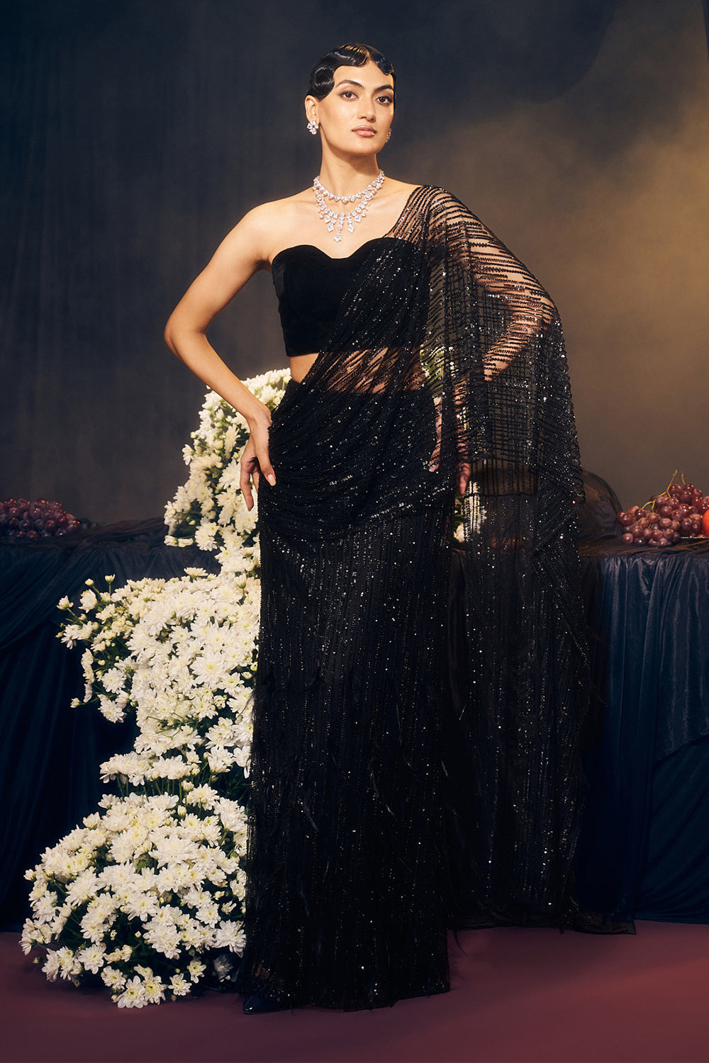 Black Pre Drape Saree Set