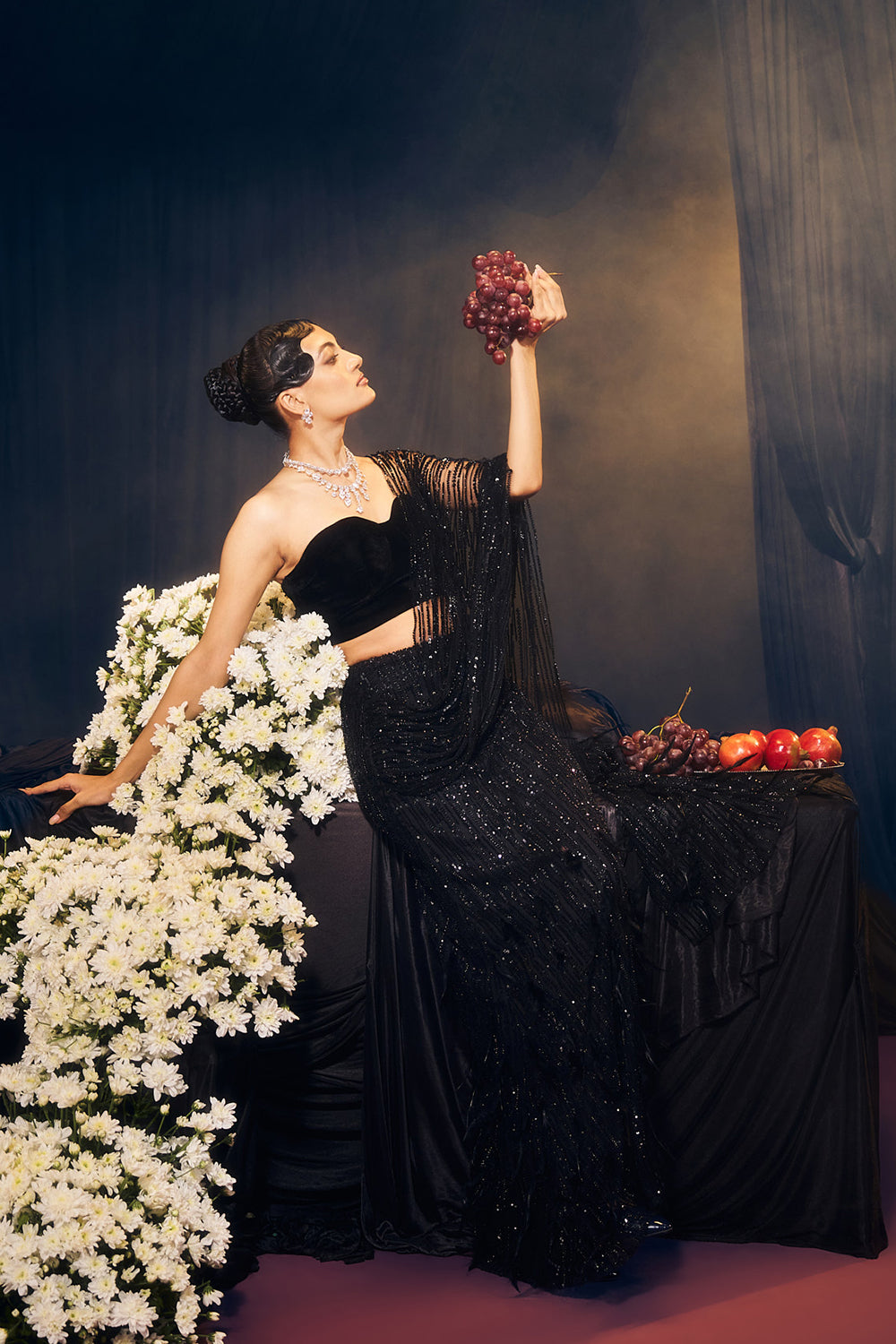 Black Pre Drape Saree Set