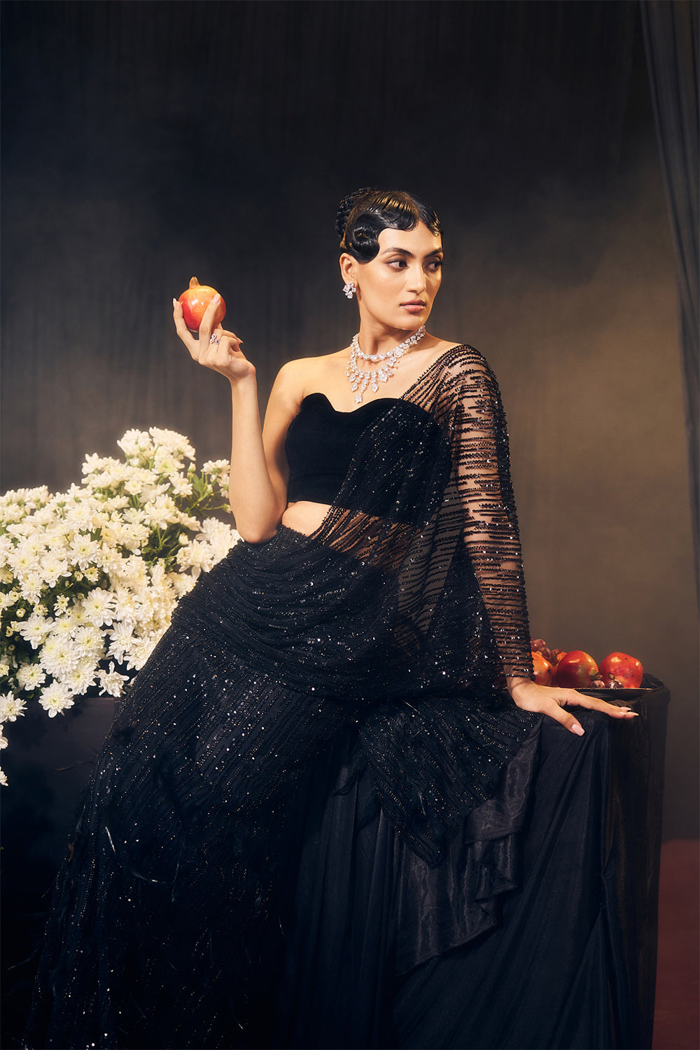 Black Pre Drape Saree Set