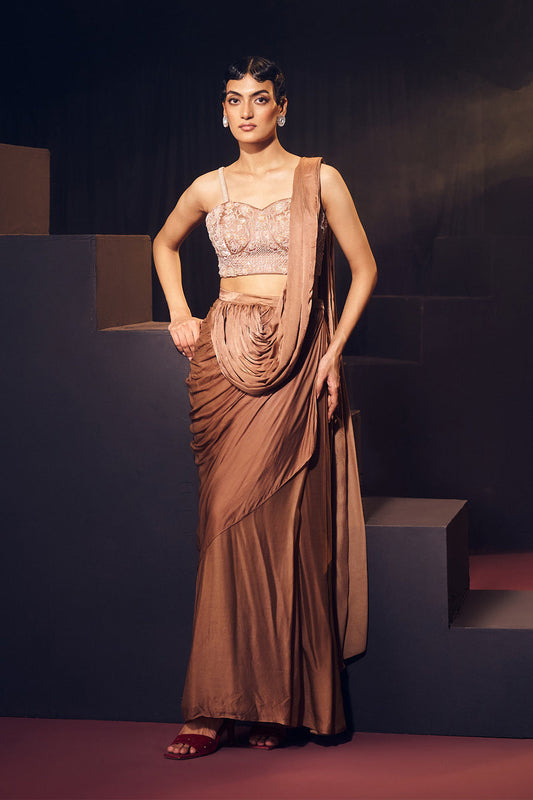 Dark Nude/ Brown Pre Drape Saree Set