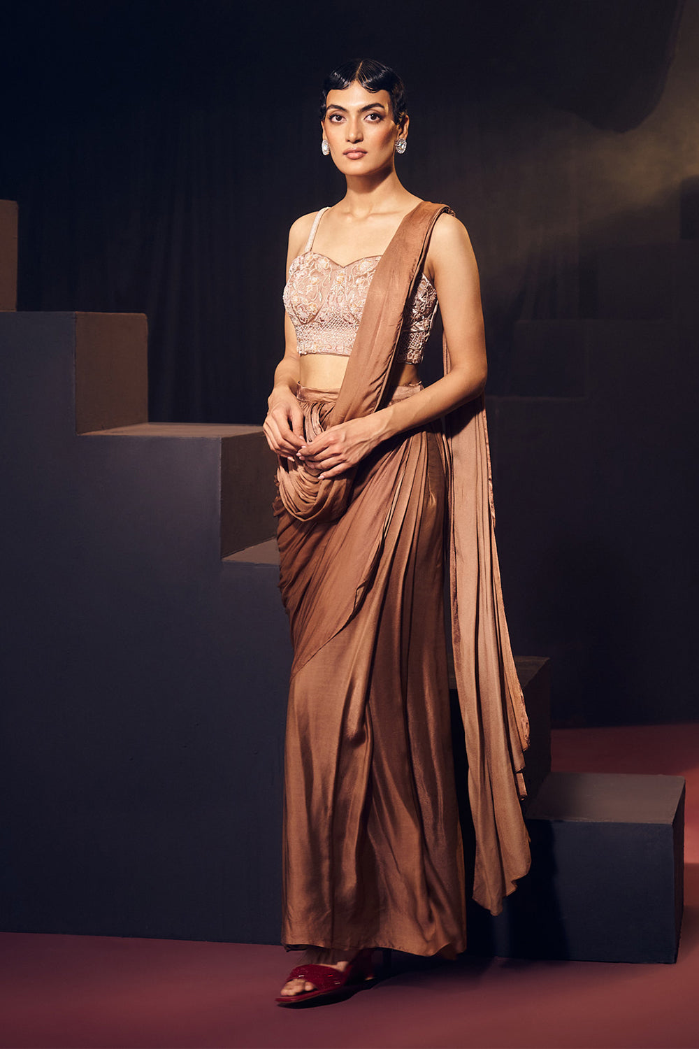 Dark Nude/ Brown Pre Drape Saree Set