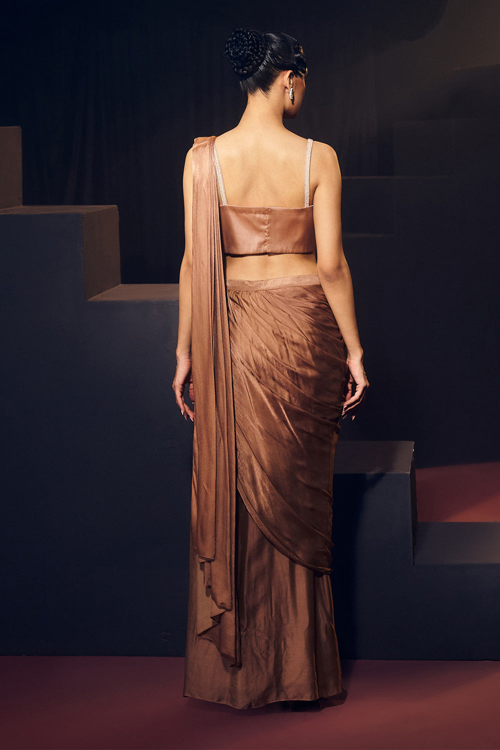 Dark Nude/ Brown Pre Drape Saree Set