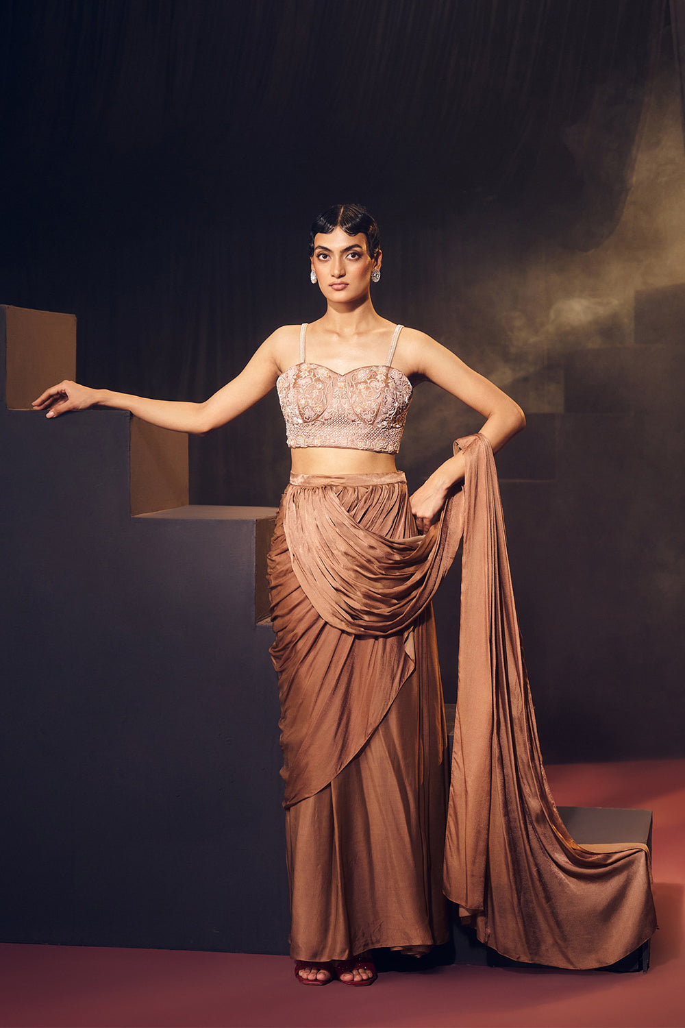 Dark Nude/ Brown Pre Drape Saree Set