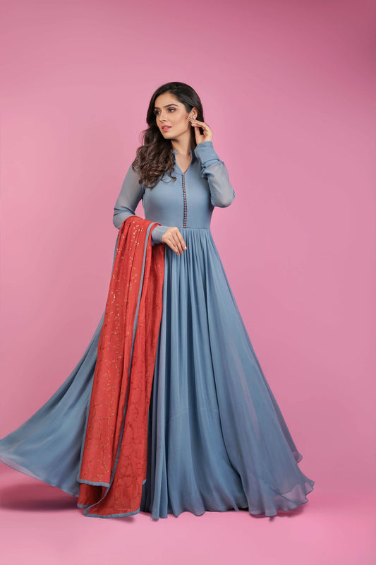 Grey Georgette Anarkali Set