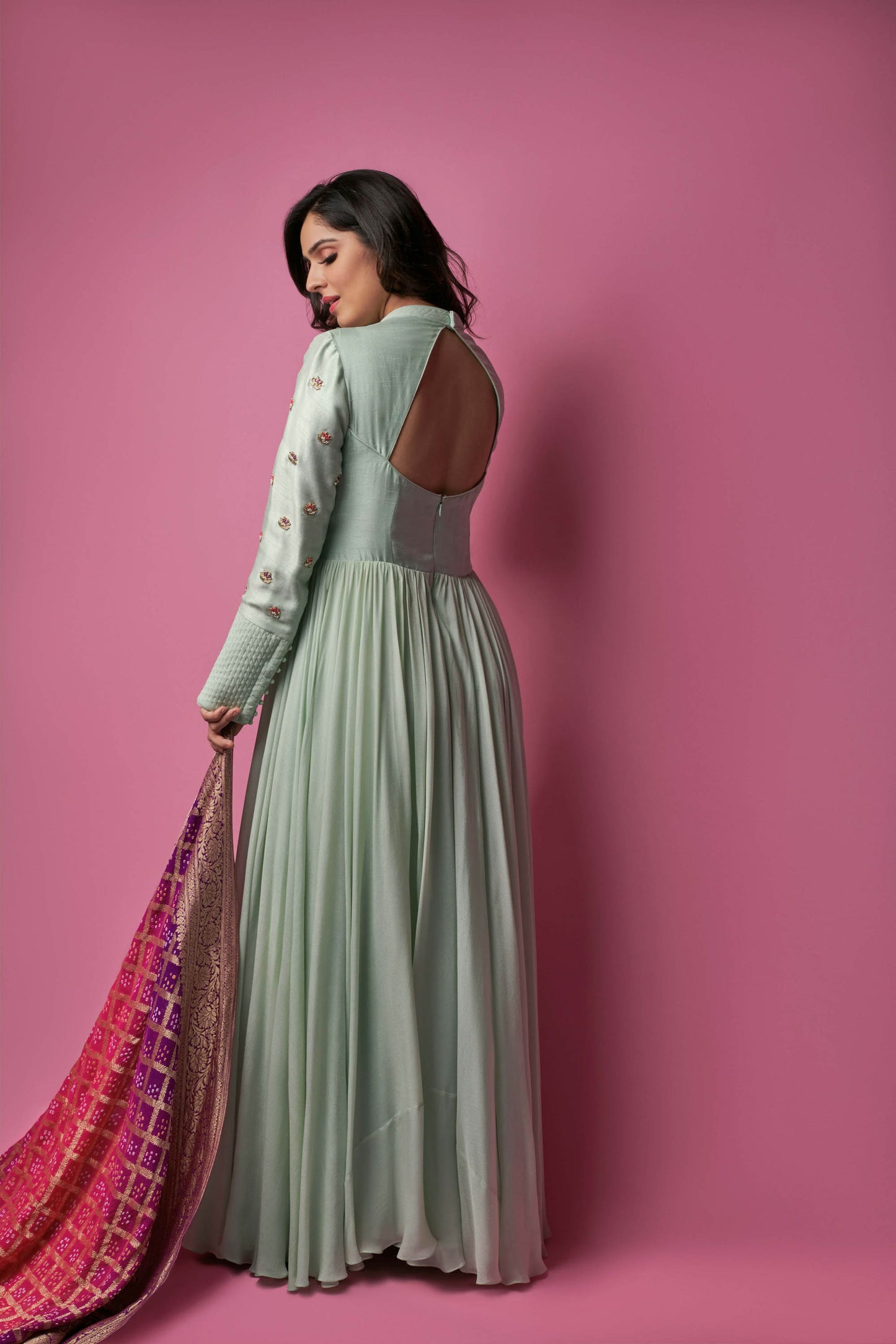 Sea Green Embroidered Flared Anarkali Set