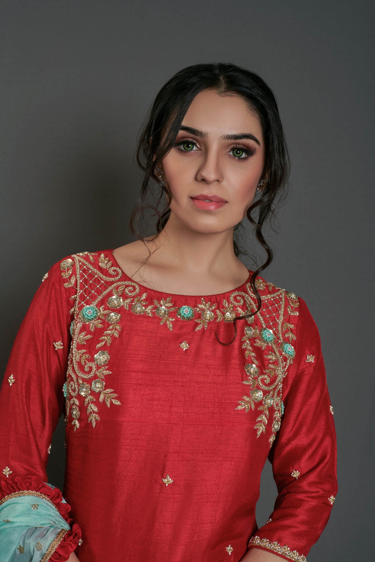 Red Handcrafted Straight Kurta Set