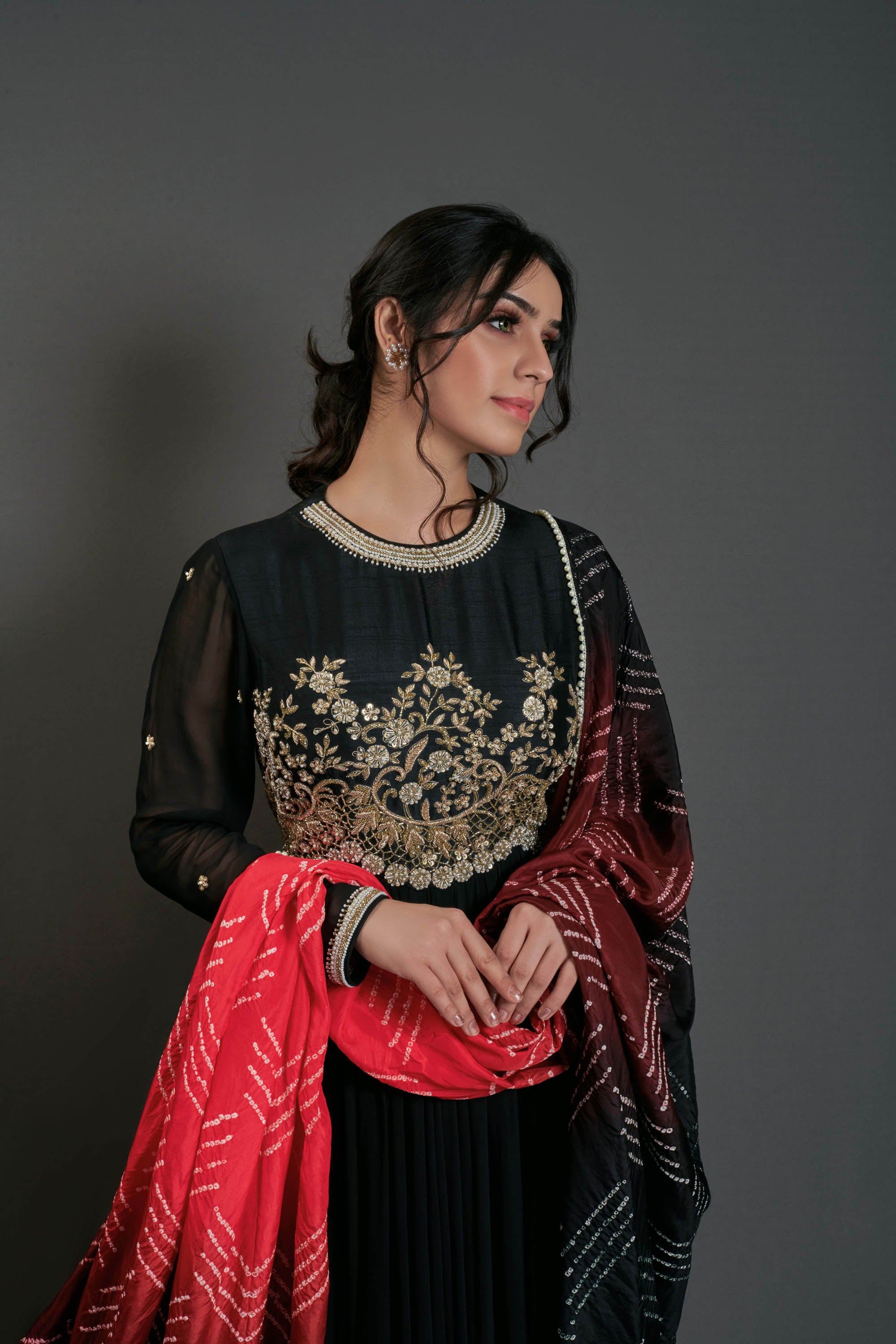 Black Handcrafted Flared Anarkali Set