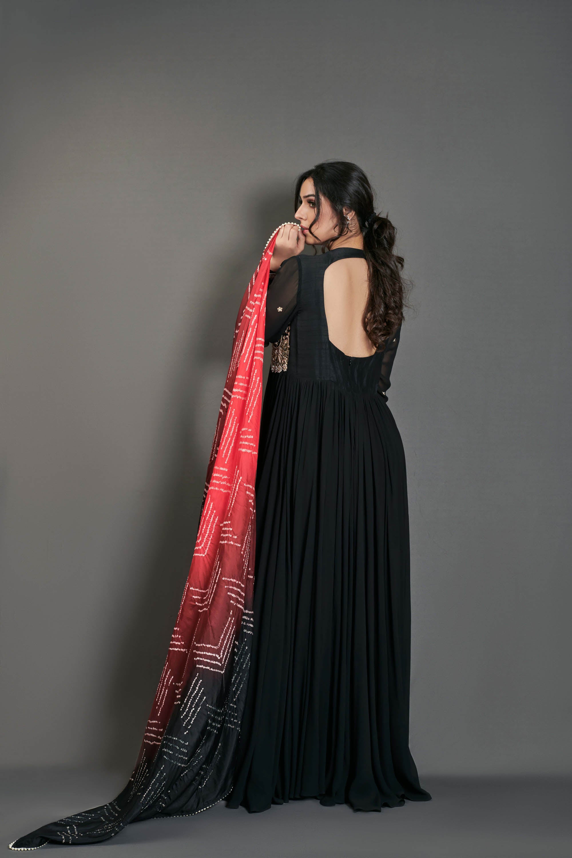 Black Handcrafted Flared Anarkali Set