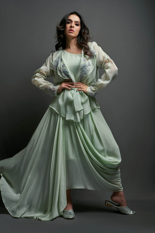 Sea Green Draped Dress With Jacket