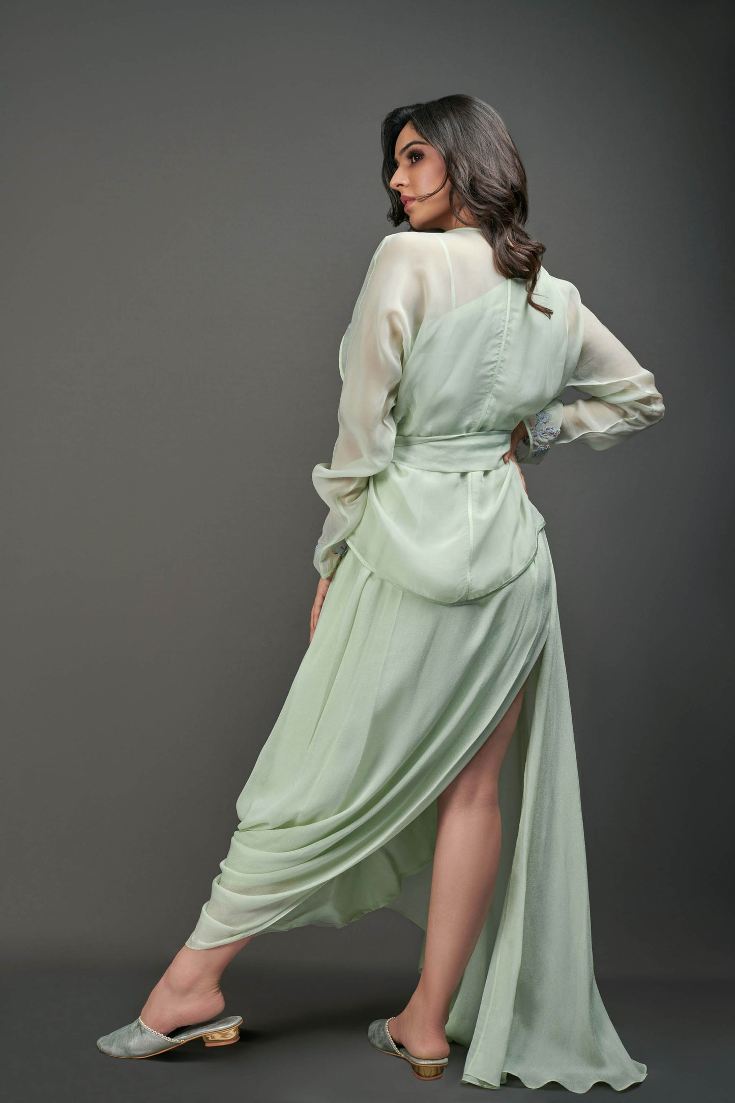 Sea Green Draped Dress With Jacket