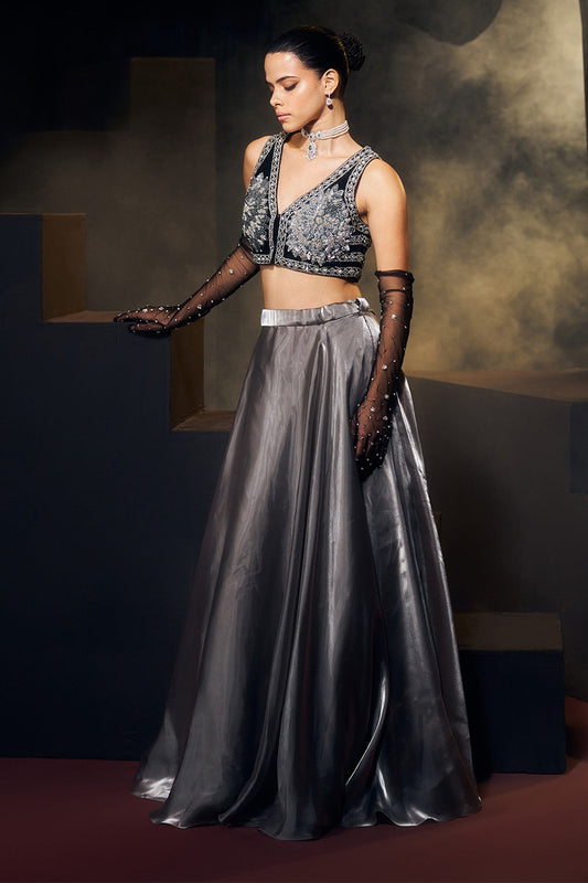 Grey And Black Lehenga Set