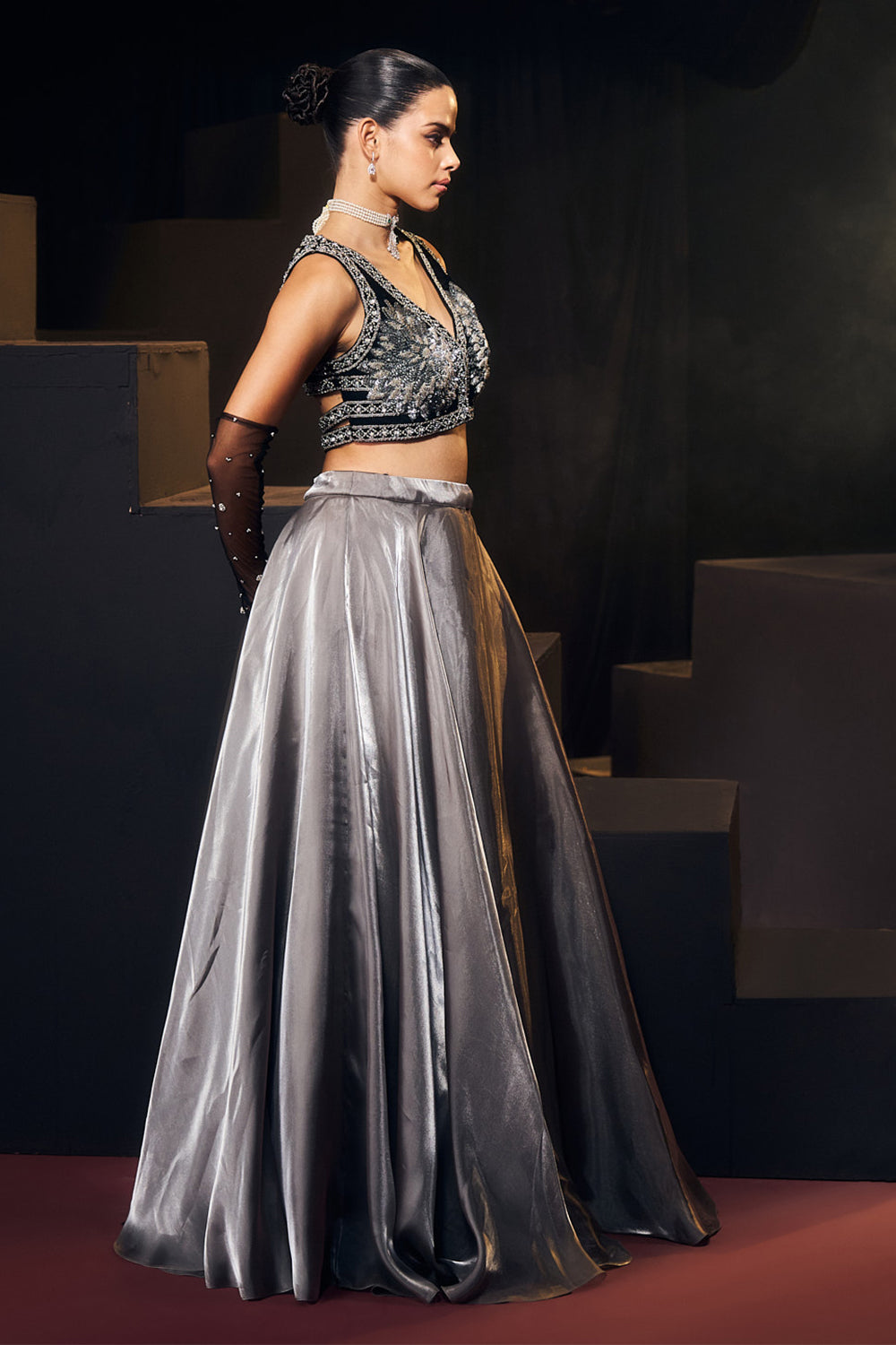 Grey And Black Lehenga Set