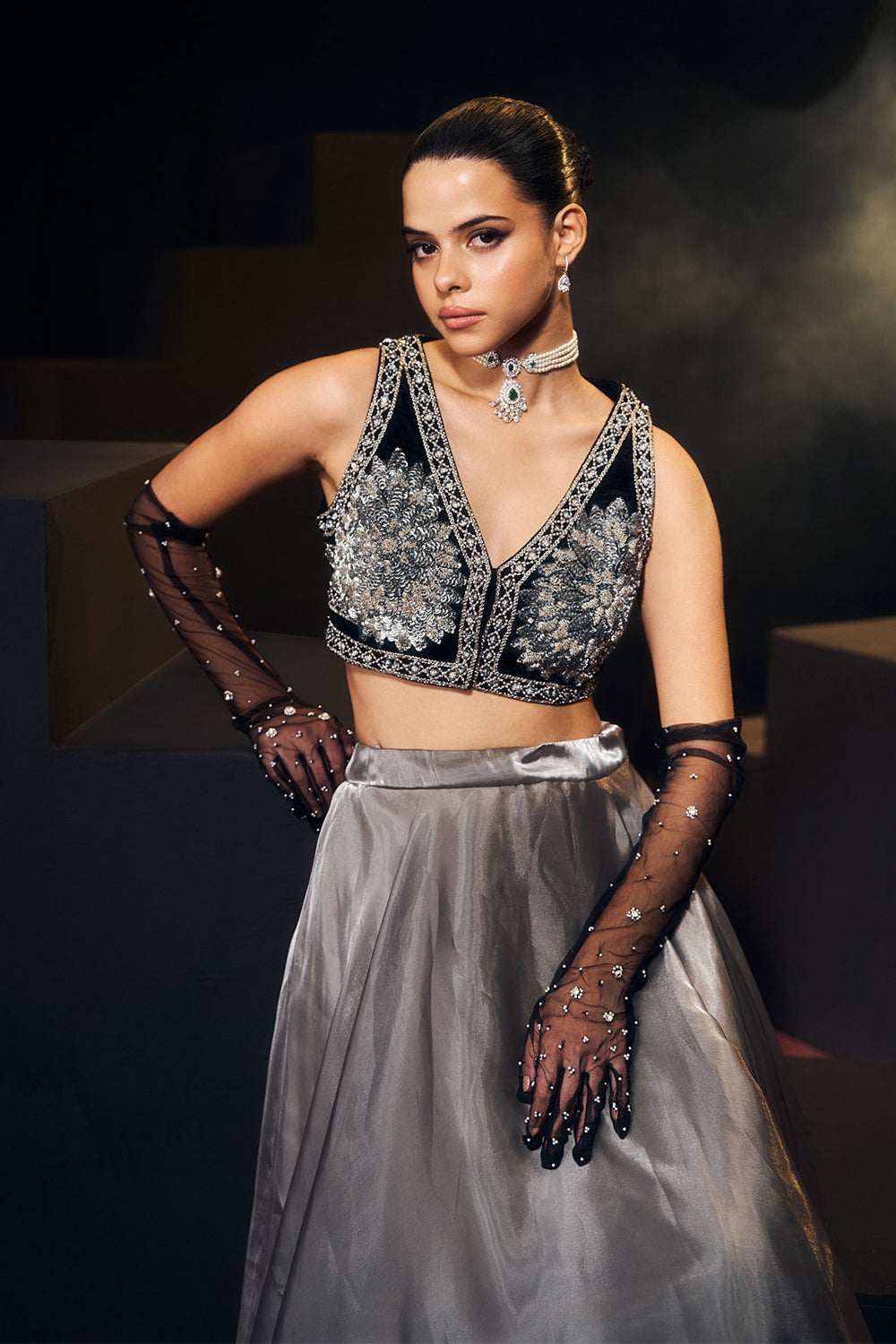 Grey And Black Lehenga Set