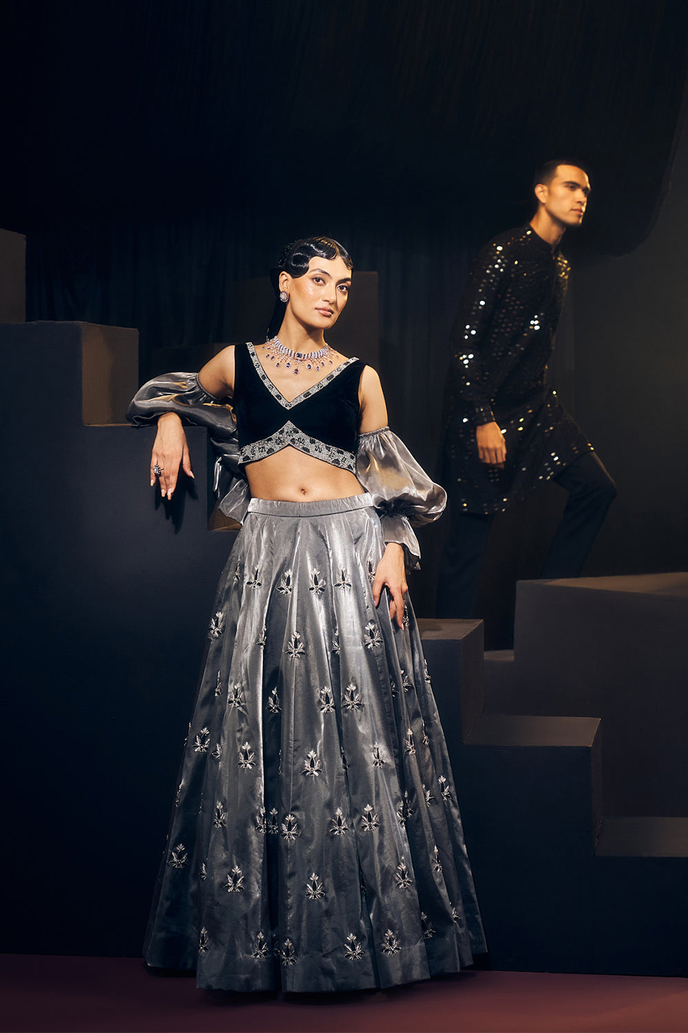 Grey And Black Lehenga Set