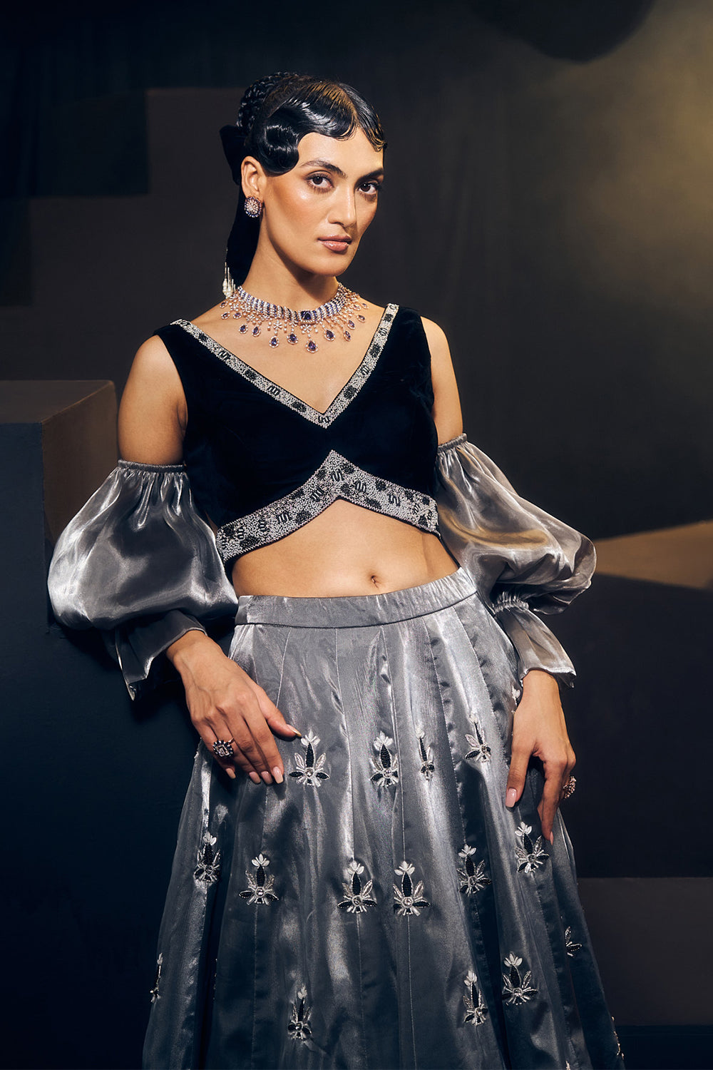 Grey And Black Lehenga Set