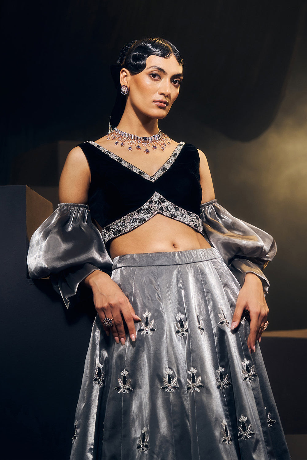 Grey And Black Lehenga Set