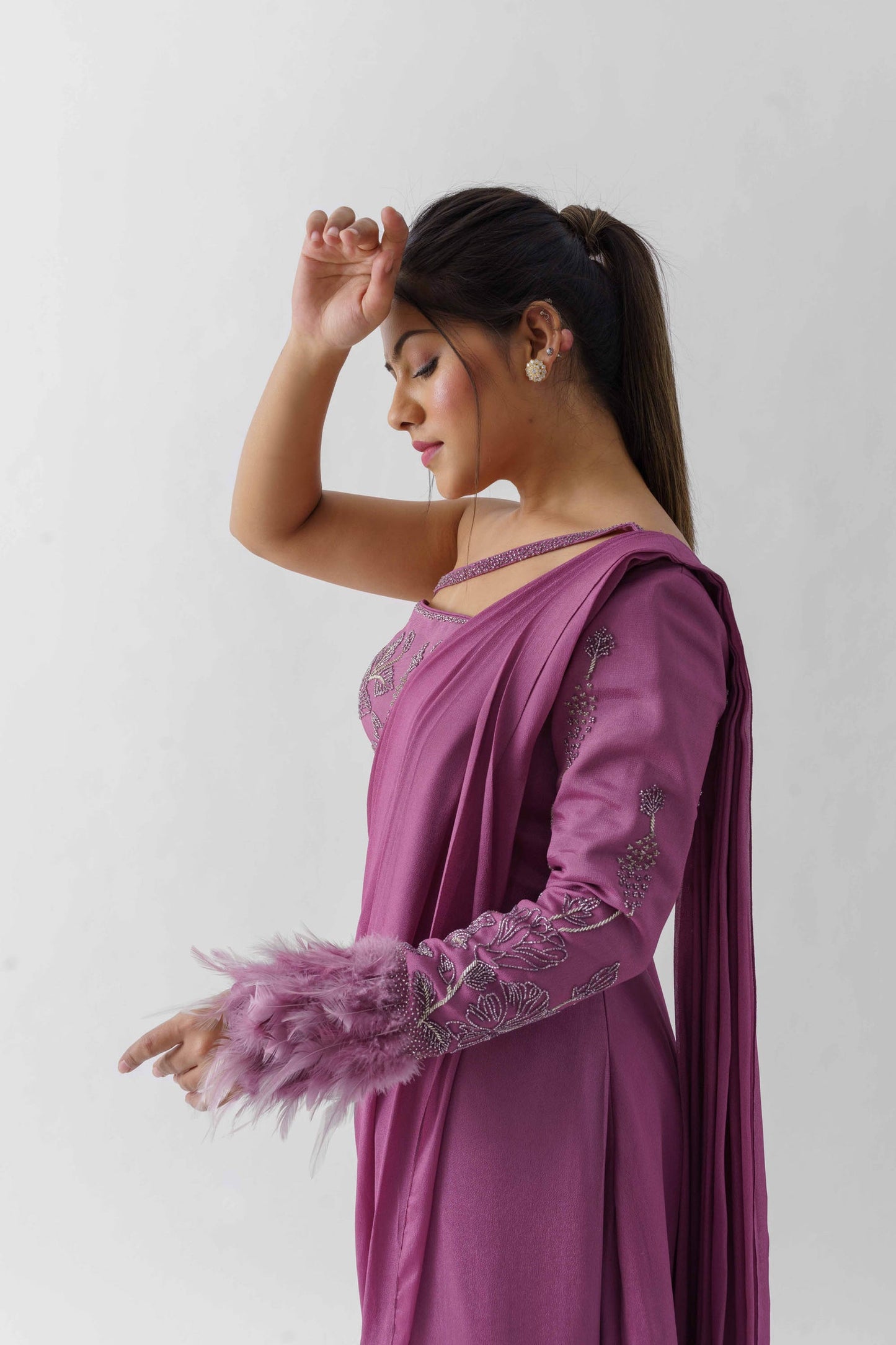 Mauve Pre-Draped Saree Set