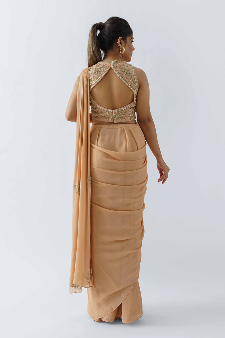 Peach Pre-Draped Saree Set