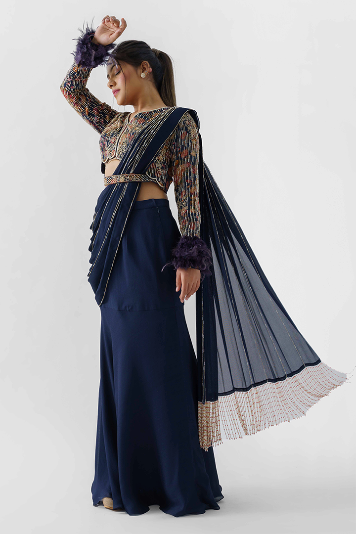 Navy Blue Pre-Draped Skirt Saree Set