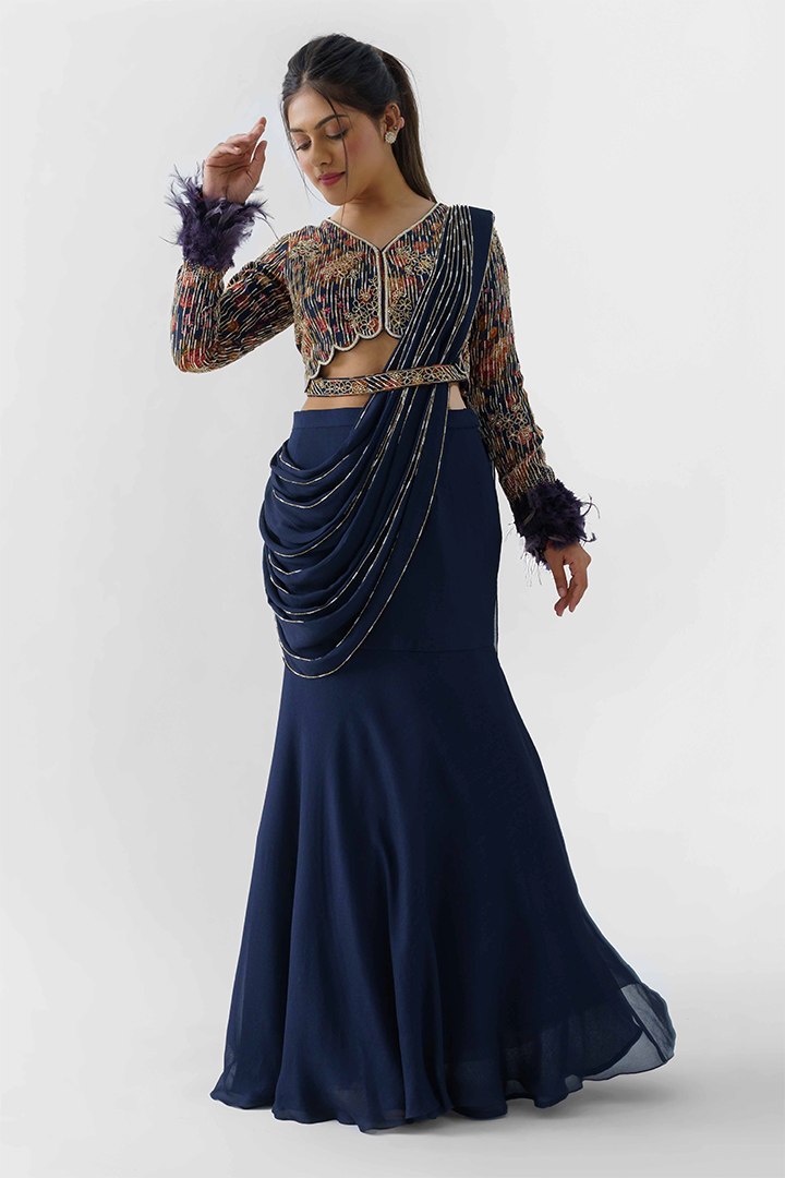 Navy Blue Pre-Draped Skirt Saree Set