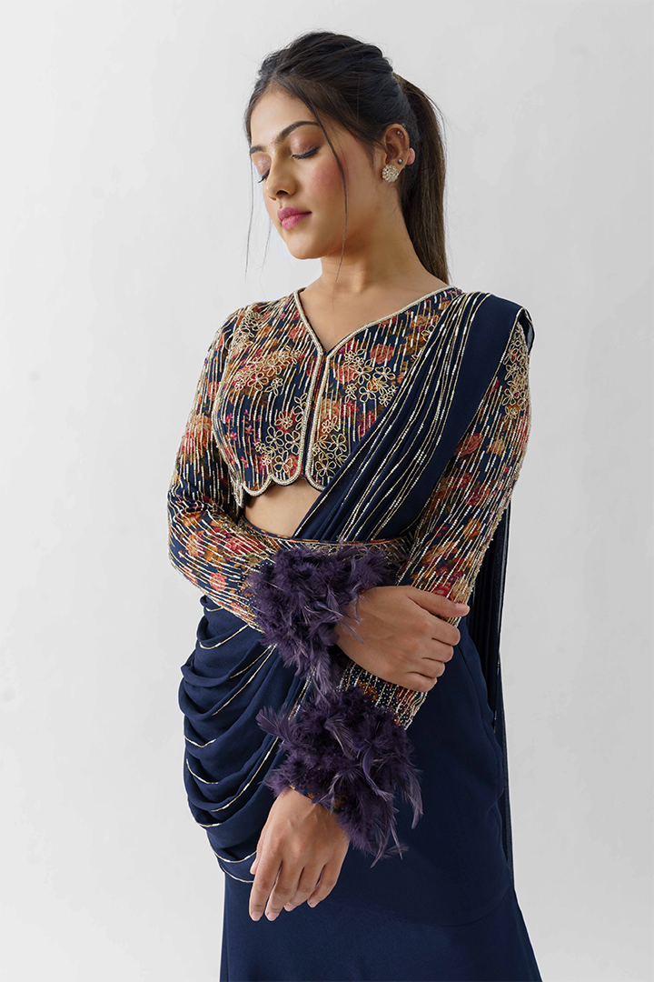 Navy Blue Pre-Draped Skirt Saree Set