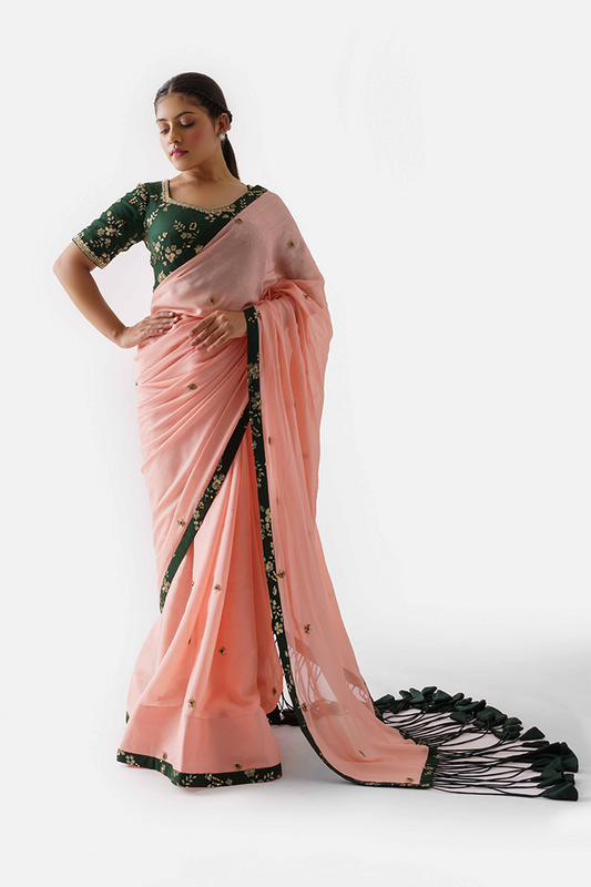 Peach & Bottle Green Embroidered Saree Set