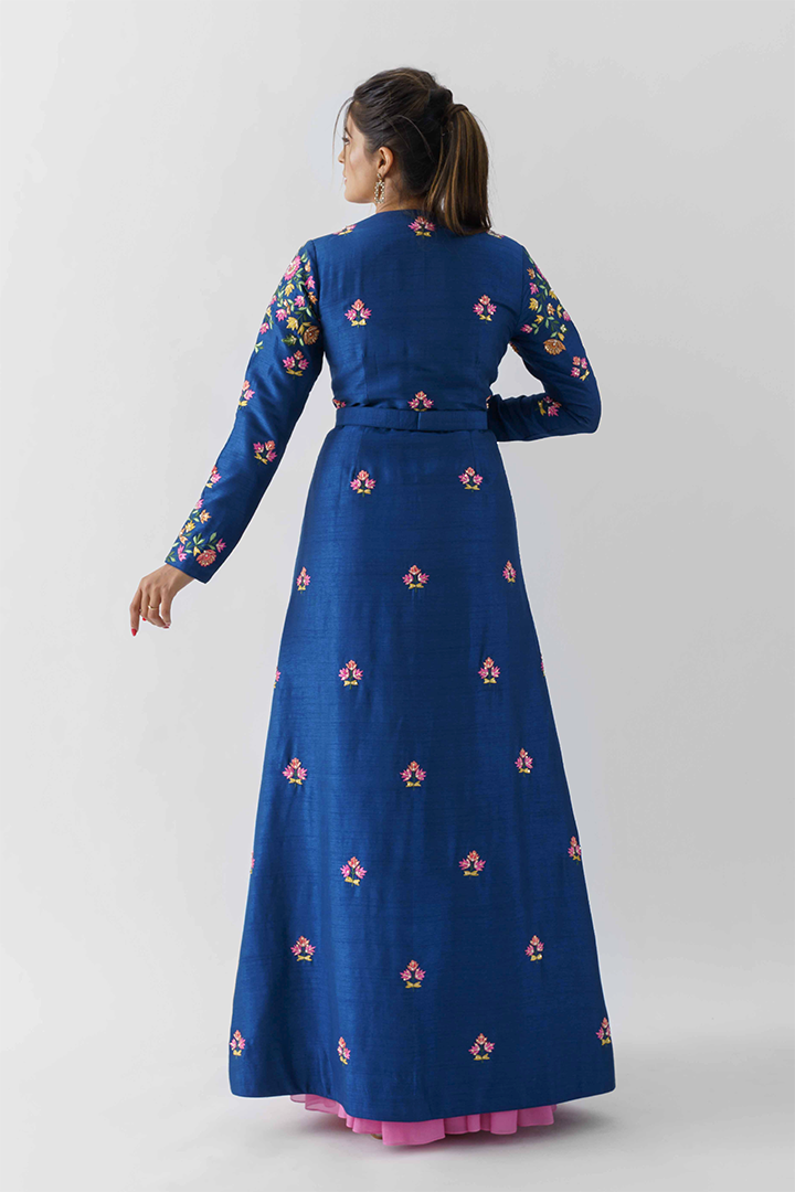 Pink Anarkali Dress With Blue Jacket