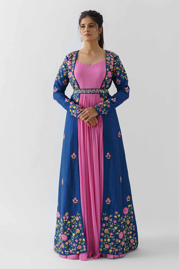 Pink Anarkali Dress With Blue Jacket