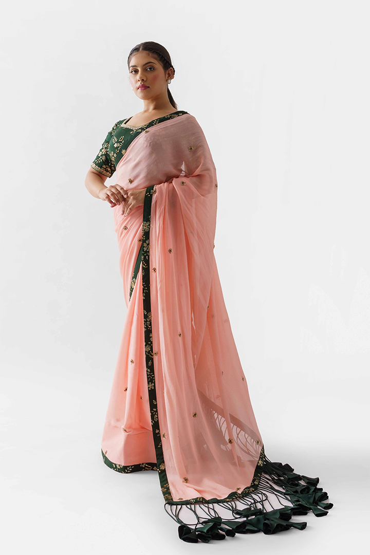 Peach & Bottle Green Embroidered Saree Set