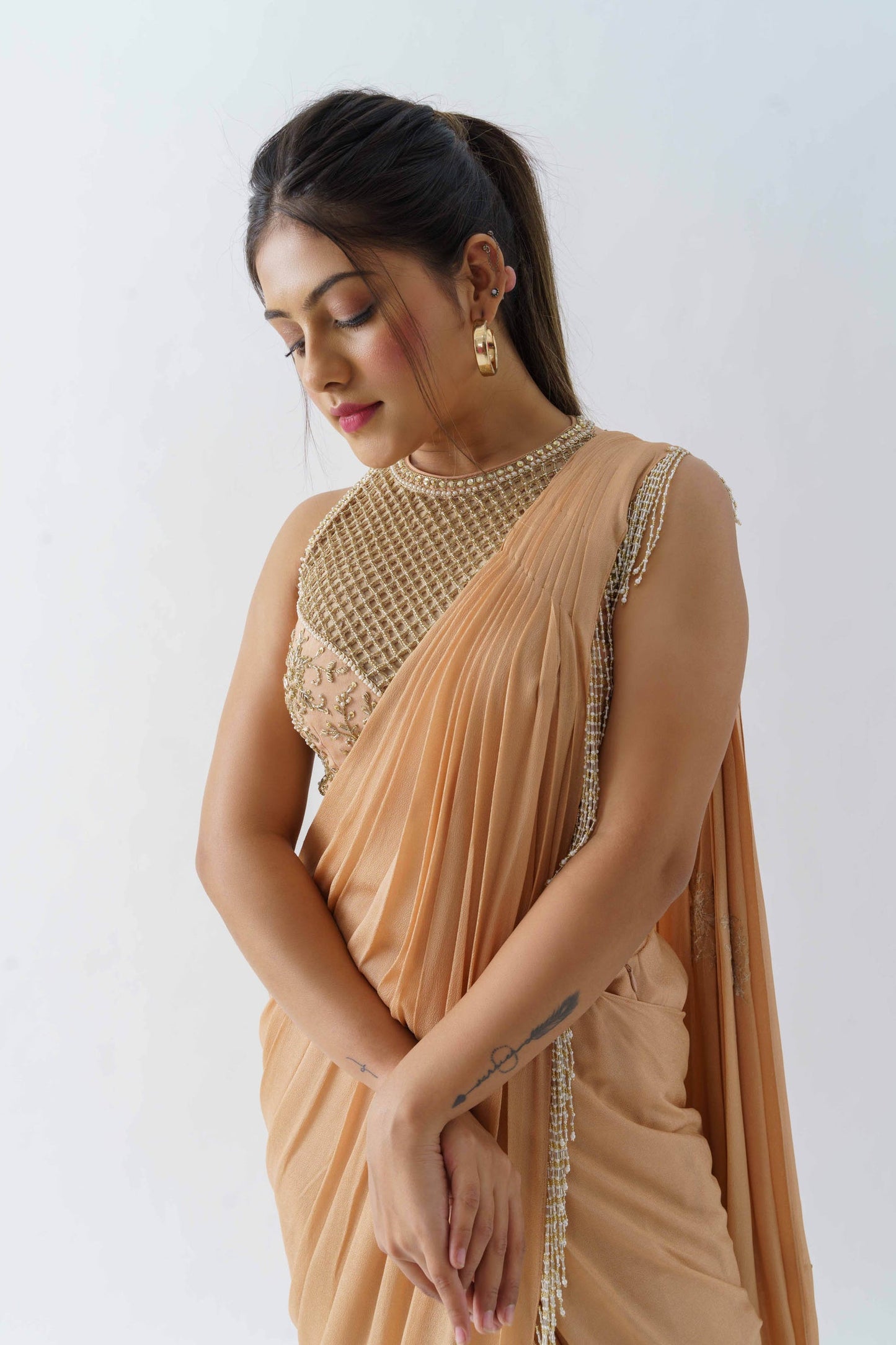 Peach Pre-Draped Saree Set