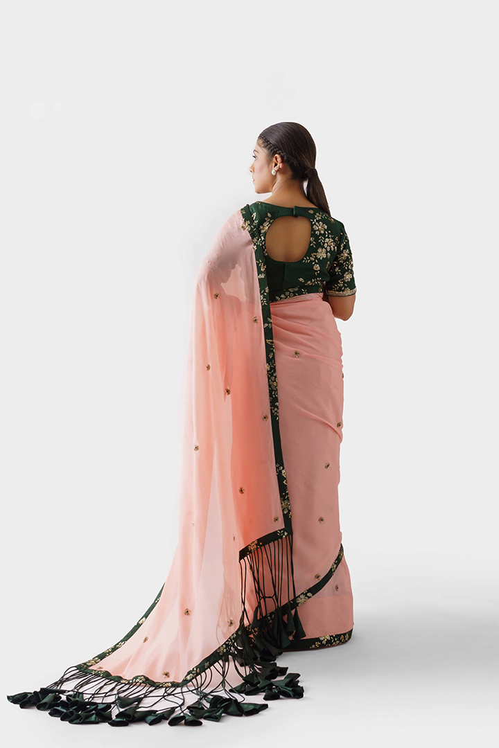 Peach & Bottle Green Embroidered Saree Set