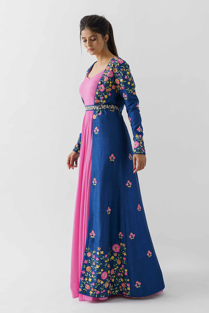 Pink Anarkali Dress With Blue Jacket