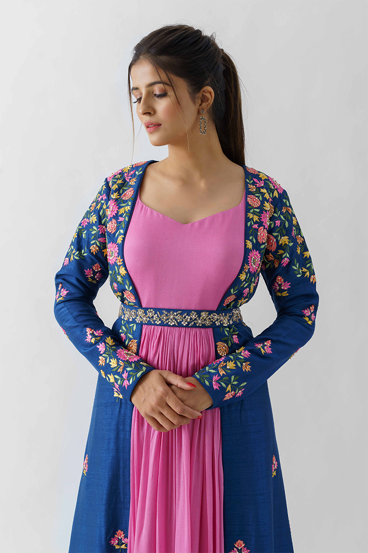 Pink Anarkali Dress With Blue Jacket
