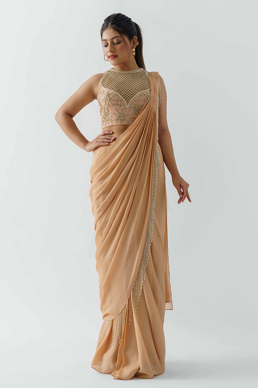 Peach Pre-Draped Saree Set