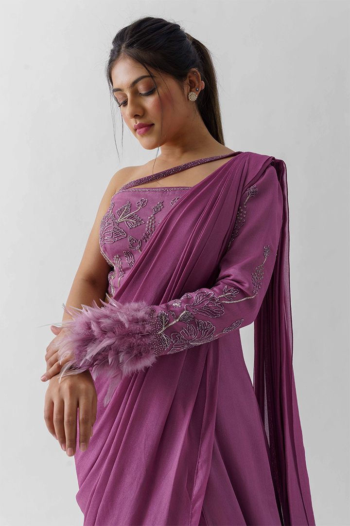 Mauve Pre-Draped Saree Set