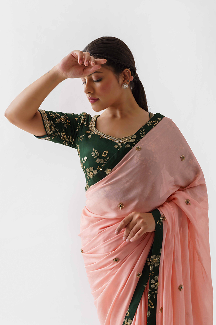 Peach & Bottle Green Embroidered Saree Set