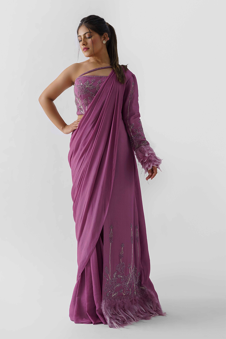 Mauve Pre-Draped Saree Set