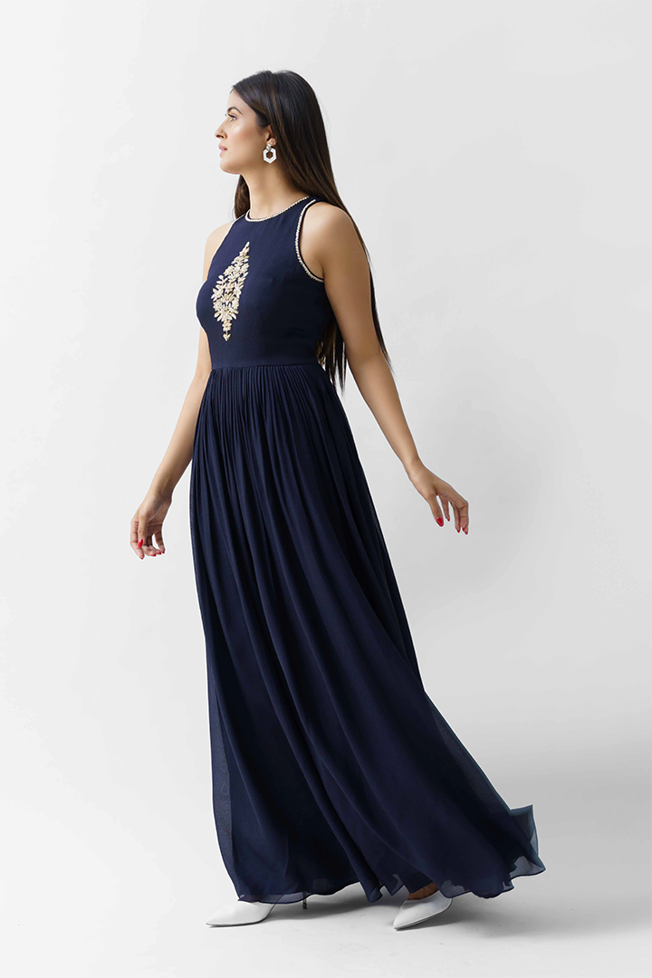 Navy Blue Pleated Dress