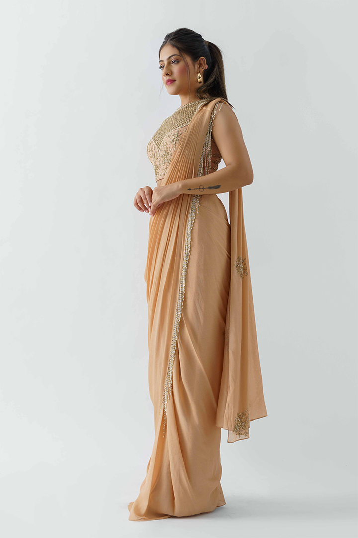 Peach Pre-Draped Saree Set