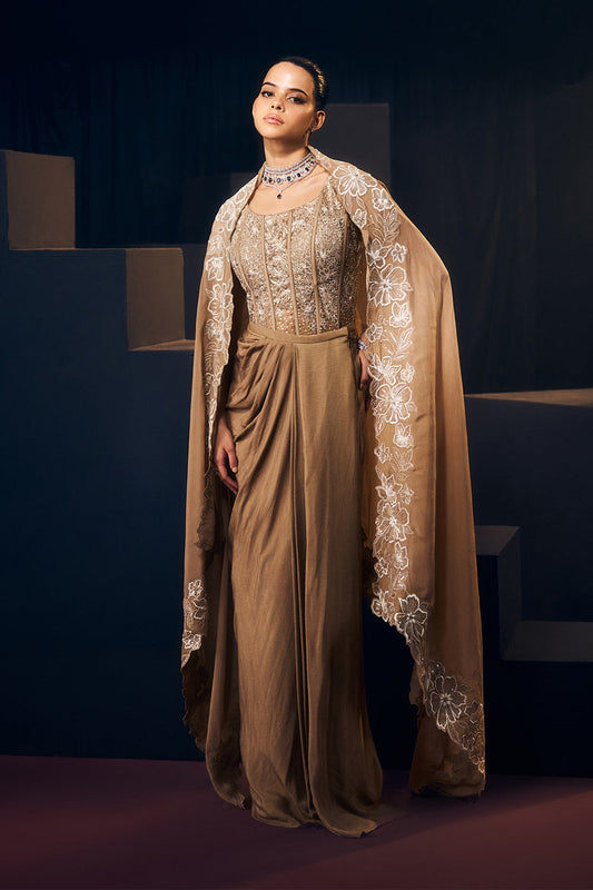 Nude/ Light Gold Drape Skirt Set