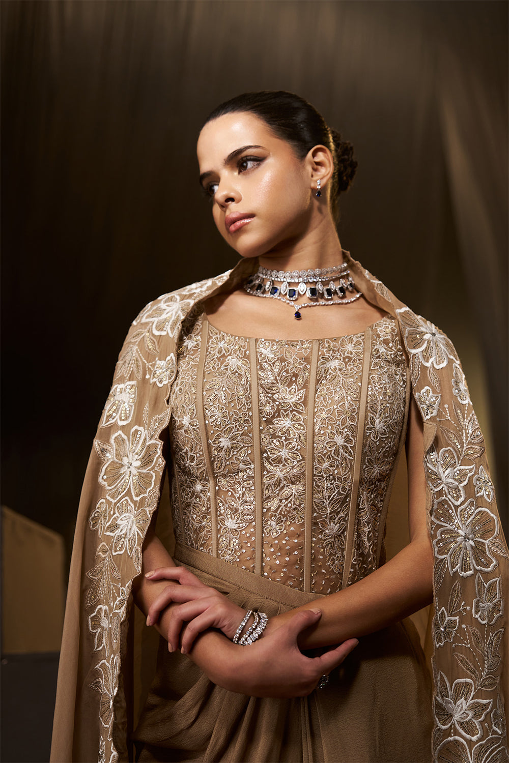 Nude/ Light Gold Drape Skirt Set